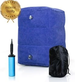Merkloos Voetensteun - Vliegtuigbedje - Premium Quality - Reisbedje - 3 Hoogtestanden - Vliegtuig Kussen - Voetenbankje Of Poef - Met Opbergzakje & Pomp - Blauw