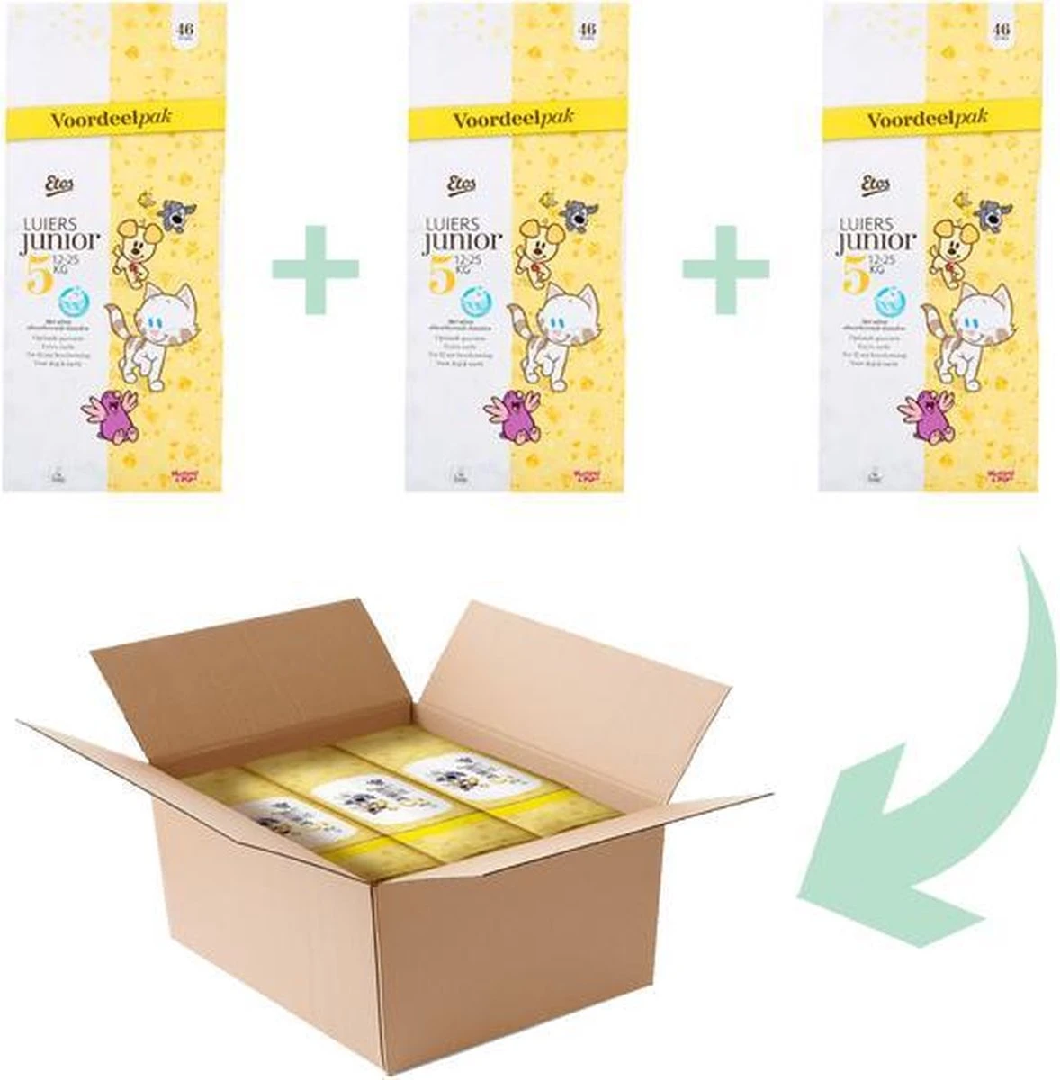 Etos Woezel & Pip Luiers Junior - Maat 5 - 12 Tot 25kg - 138 Stuks (3 X 46 Stuks) 4 Etos Woezel & Pip Luiers Junior - Maat 5 - 12 Tot 25kg - 138 Stuks (3 X 46 Stuks) - Afbeelding 2