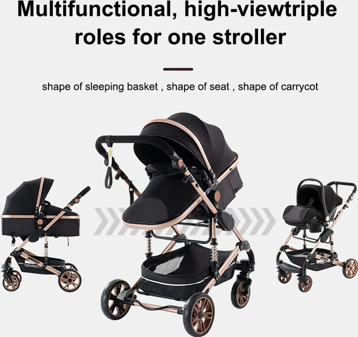 Luxe Kinderwagen 3 In 1 - Wandelwagen - Kinderwagen 3-in-1 Incl Autostoel - Kinderwagen Maxi Cosi – Buggy 3 In 1 - Newborn - Zwart/goud 12 Luxe Kinderwagen 3 In 1 - Wandelwagen - Kinderwagen 3-in-1 Incl Autostoel - Kinderwagen Maxi Cosi – Buggy 3 In 1 - Newborn - Zwart/goud - Afbeelding 10