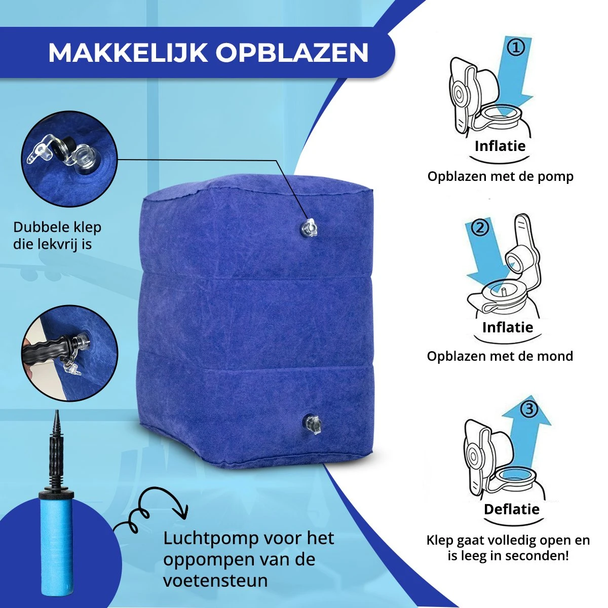 Merkloos Voetensteun - Vliegtuigbedje - Premium Quality - Reisbedje - 3 Hoogtestanden - Vliegtuig Kussen - Voetenbankje Of Poef - Met Opbergzakje & Pomp - Blauw 9 Merkloos Voetensteun - Vliegtuigbedje - Premium Quality - Reisbedje - 3 Hoogtestanden - Vliegtuig Kussen - Voetenbankje Of Poef - Met Opbergzakje & Pomp - Blauw - Afbeelding 7