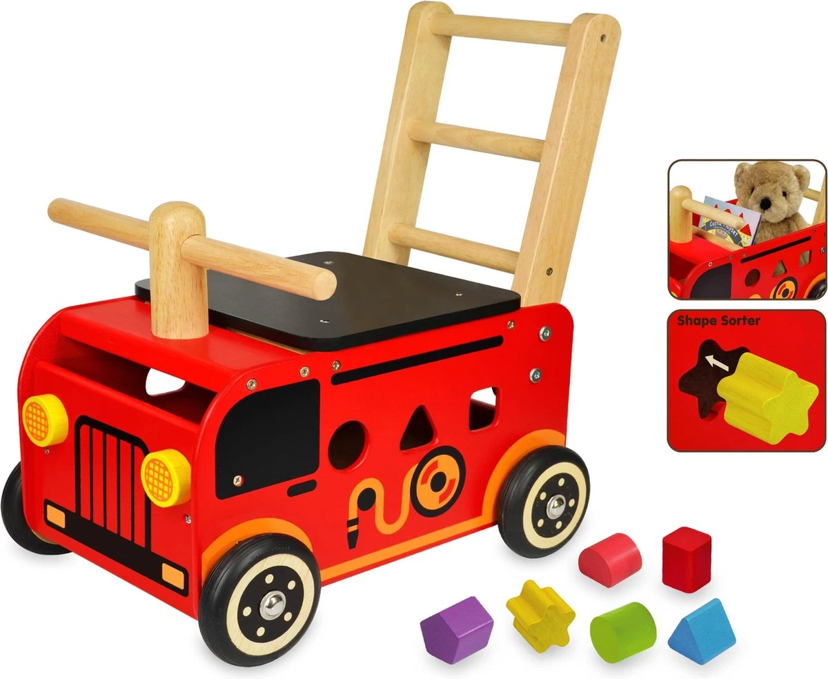 Houten Loopwagen Brandweer Met Blokken - I'm Toy 3 Houten Loopwagen Brandweer Met Blokken - I'm Toy