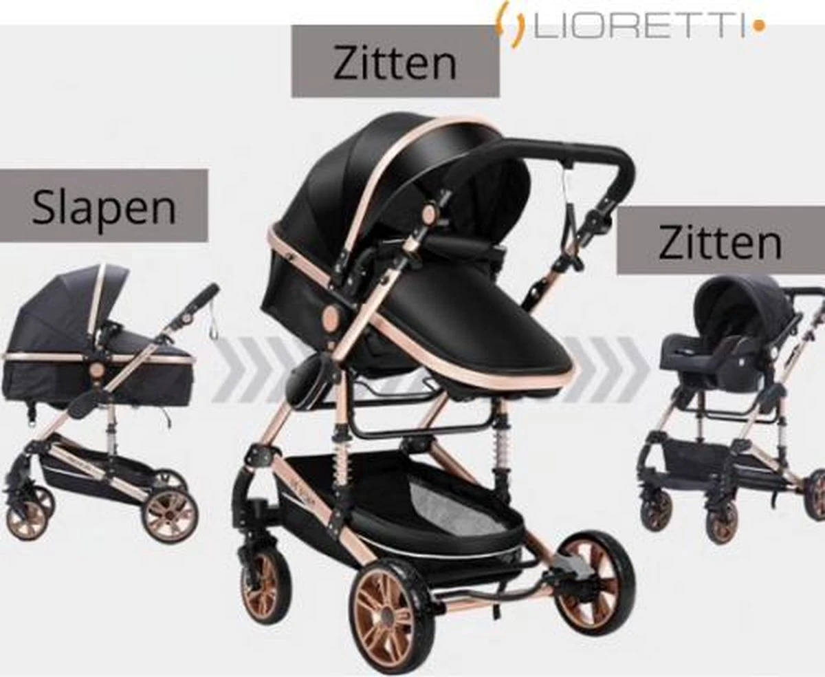 Merkloos Lioretti® Luxe Baby Buggy 3 In 1 | Baby Wagen | Kinderwagen Met Stoel En Wieg | Inklapbaar | Hoge Kwaliteit | Combi | Zwart 7 Merkloos Lioretti® Luxe Baby Buggy 3 In 1 | Baby Wagen | Kinderwagen Met Stoel En Wieg | Inklapbaar | Hoge Kwaliteit | Combi | Zwart - Afbeelding 5